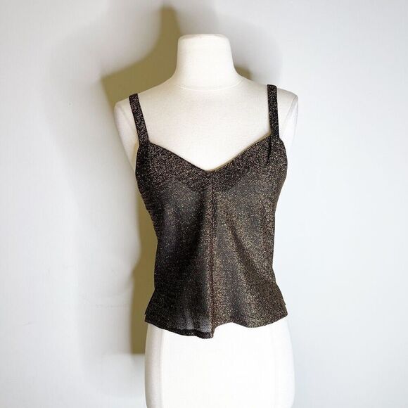 Vintage 80s XS/S Lurex Knit Tank Top Black Gold Strappy Crop Semi-Sheer Light - Picture 2 of 16